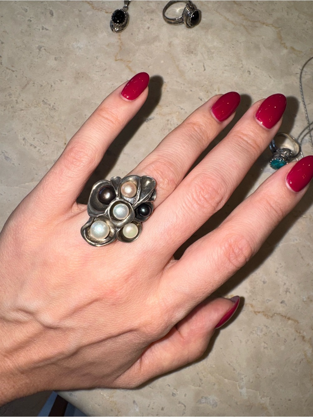 Handcrafted silver Multicolor Pearl Cluster Statement Ring - Women Jewelry